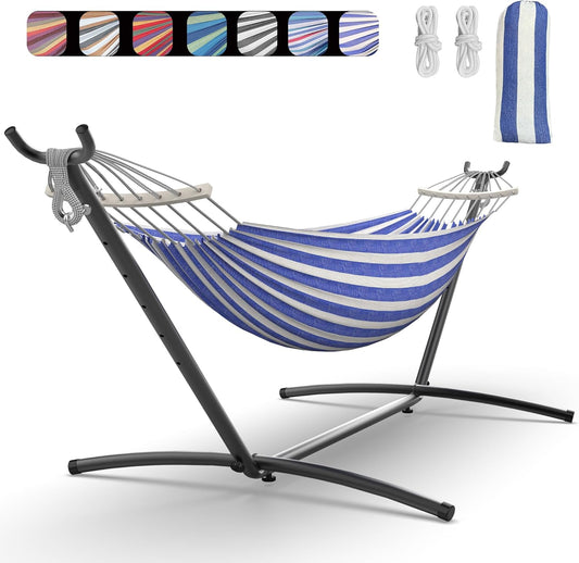 Double Hammock with Heavy-Duty Steel Stand,Portable,Easy Assembly,600lbs Weight Capacity,Perfect for Indoor,Yard,Camping,or Outdoor-BlueWhite