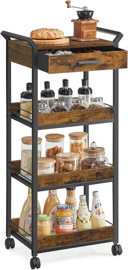 VASAGLE Storage Cart, 4-Tier Rolling Utility Cart with Table Top, Handles, 4 Lockable Casters, Top Drawer, Mesh Shelves, for Kitchen, Bathroom, Bedroom, Rustic Brown and Ink Black ULRC049K01
