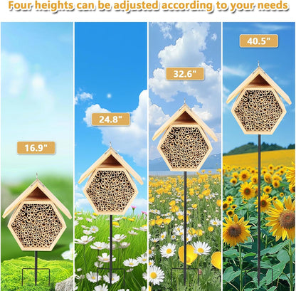 Mason Bee House for Garden, Natural Wooden Bee Habitat with Metal Ground Stake, Attracts Pollinators, Improve Garden Productivity, Outdoor Decoration