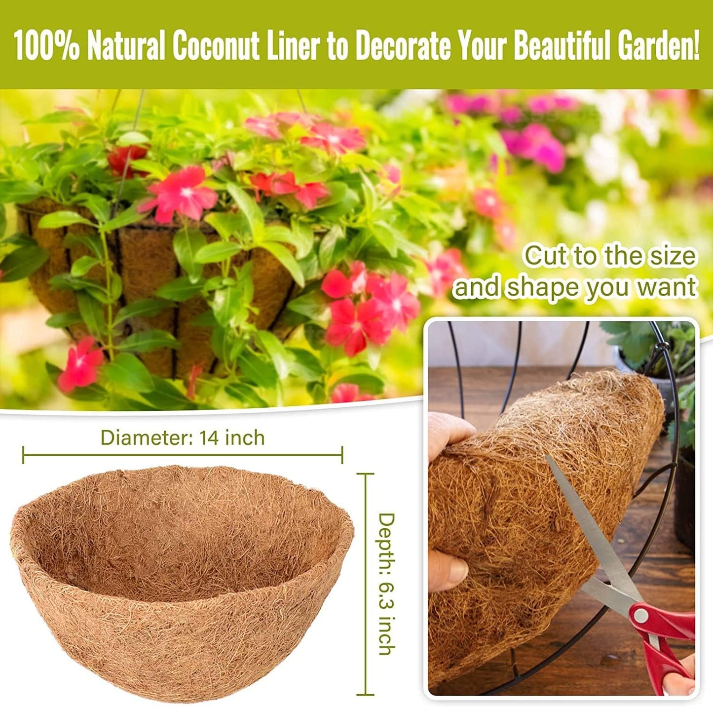 Legigo 3 Pack 14 Inch Hanging Basket Coco Liners Replacement, 100% Natural Round Coconut Coco Fiber Planter Basket Liners for Hanging Basket Flowers/Vegetables