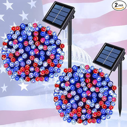 JMEXSUSS 2 Pack Red White and Blue Solar Lights 100LED 33ft Patriot Solar String Lights Waterproof, 8 Modes 4th of July Lights for Independence Day, Gardens, Tree, Outdoor 4th of July Decorations