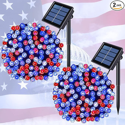 JMEXSUSS 2 Pack Red White and Blue Solar Lights 100LED 33ft Patriot Solar String Lights Waterproof, 8 Modes 4th of July Lights for Independence Day, Gardens, Tree, Outdoor 4th of July Decorations