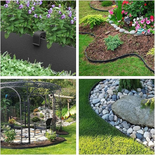 Black Plastic Garden Landscape Edging, 5” Tall Border Coil, Flexible and Strengthened with Anti-UV Treatment (100ft with 30pcs Stakes)