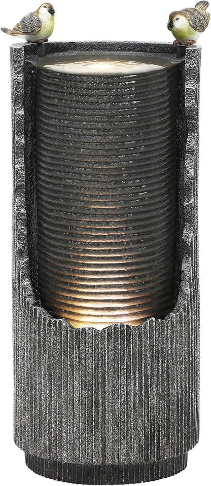 32" Rustic Cracked Jar Water Fountain Outdoor with LED Lights, Polyresin Freestanding Waterfall Feature, Tranquil Oasis for Garden, Patio, Yard, or Porch