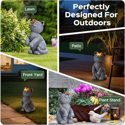 DyBaxa Solar Garden Décor, Garden Statues, Gifts for Women, Mom, Grandma, Patio, Balcony, Yard Decorations Outdoor - Unique Birthday & Housewarming Gifts, Cat Decor with Butterfly Light