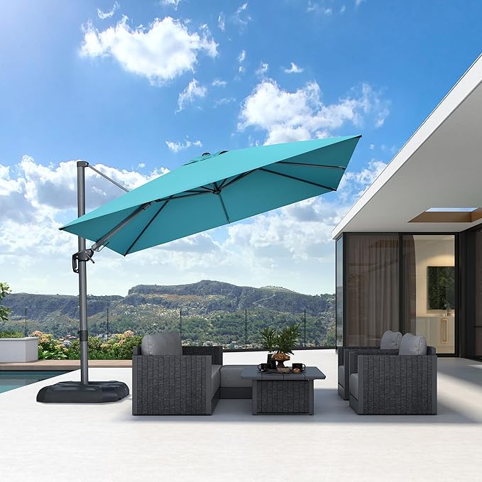 PURPLE LEAF 10' X 10' Left-right Tilting Patio Umbrella Outdoor Cantilever Swivel Square Umbrella Aluminum Offset Umbrella with 360-degree Rotation for Garden Deck Pool Patio Turquoise Blue