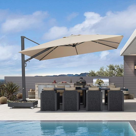 PURPLE LEAF 12' X 9' Rectangle Patio Umbrella with Base Included Large Outdoor Aluminum Offset Umbrella with 360-degree Rotation Cantilever Umbrella for Garden Deck Backyard Pool Beige