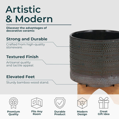 Sagebrook Home Ceramic Planter with Bamboo Stand - Textured Mid-Century Modern Plant Pot for Indoor & Outdoor Home Garden Decor - 10" Green