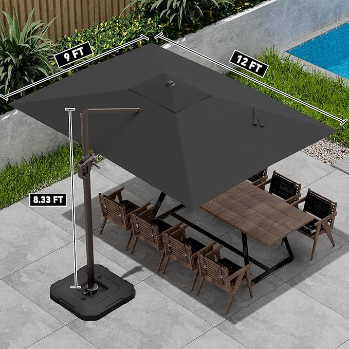 9' X 12' Cantilever Patio Umbrella with Base Included 360°Rotation Rectangular Outdoor Large Offset Umbrellas Heavy Duty Windproof for Garden Deck Pool, Grey