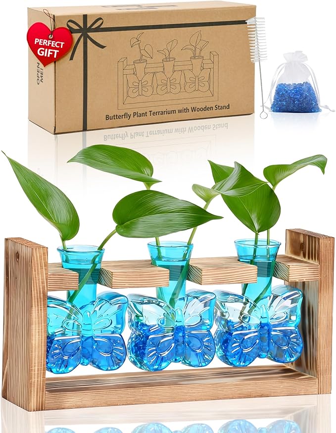 Nacome Butterfly Vase Propagation Stations: Glass Plant Terrarium with Wooden Stand for Home Office Desk Decor, Unique Gifts for Plant Lovers Women Mom (Blue)