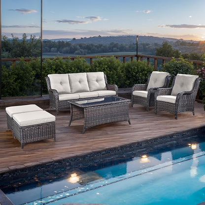 Rilyson Outdoor Patio Wicker Furniture Set - 6 Piece Rattan Patio Conversation Sectional Sofa Set with 1 Couch,2 Armchairs,2 Ottomans and 1 Glass Top Coffee Table for Porch Deck Garden(Brown/Beige)