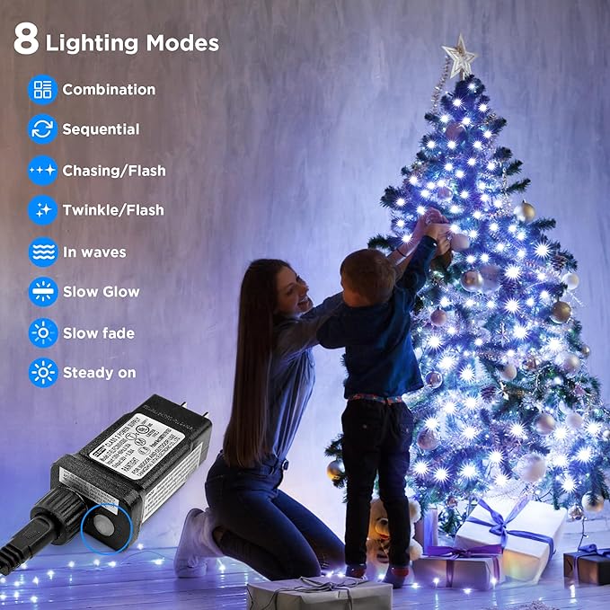 BlcTec Christmas Lights Indoor Outdoor, 300 LED 108FT Bright Christmas String Lights with 8 Modes, Connectable Plug, Waterproof, UL Listed and Timer, Suitable for Xmas Party Decorations, Cool White