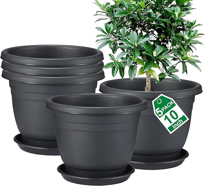 5 Packs 10 inch Plant Pots + Saucer, Planters for Indoor & Outdoor Plants with Drainage Holes | Plastic Flower Pots, Large Planter (Black, 10 inch)