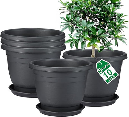 5 Packs 10 inch Plant Pots + Saucer, Planters for Indoor & Outdoor Plants with Drainage Holes | Plastic Flower Pots, Large Planter (Black, 10 inch)