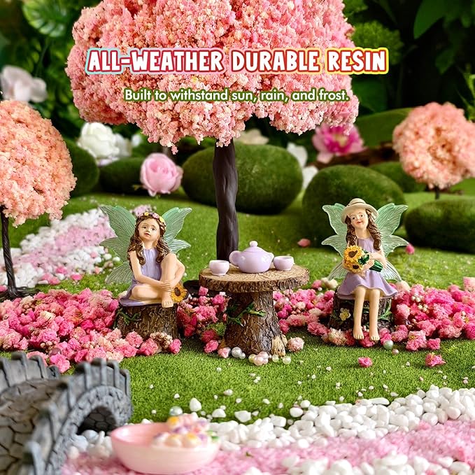 DONABELA Fairy Garden Kit Figurine Set Supplies 2 Fairies Table 2 Chairs Teapot Teacups Miniature Decor Accessories Tiny Furniture Outdoor Indoor Ornament Gift for Kids
