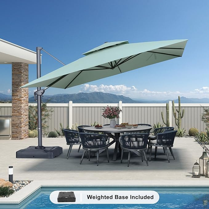 PURPLE LEAF 12 FT Cantilever Patio Umbrella Outdoor Umbrella with 330lbs Base Large Square Windproof Offset Umbrella for Pool Deck Garden, Mint Green