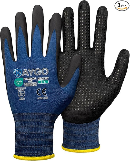 KAYGO MicroFoam Nitrile Coated Work Gloves, 3 Pairs KG19N Seamless Knit Nylon, Micro Dots for Enhanced Grip, Breathable and Durable, Ideal for Automotive, General Assembly, Painting, Blue, L