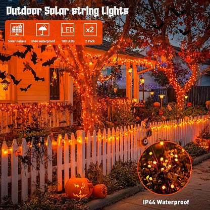 JMEXSUSS 2 Pack Orange Halloween Lights: 100 LED 33ft Solar Halloween Lights Outdoor Waterproof - 8 Modes Orange Solar Light for Christmas Outside Tree Gardens Fall Festival