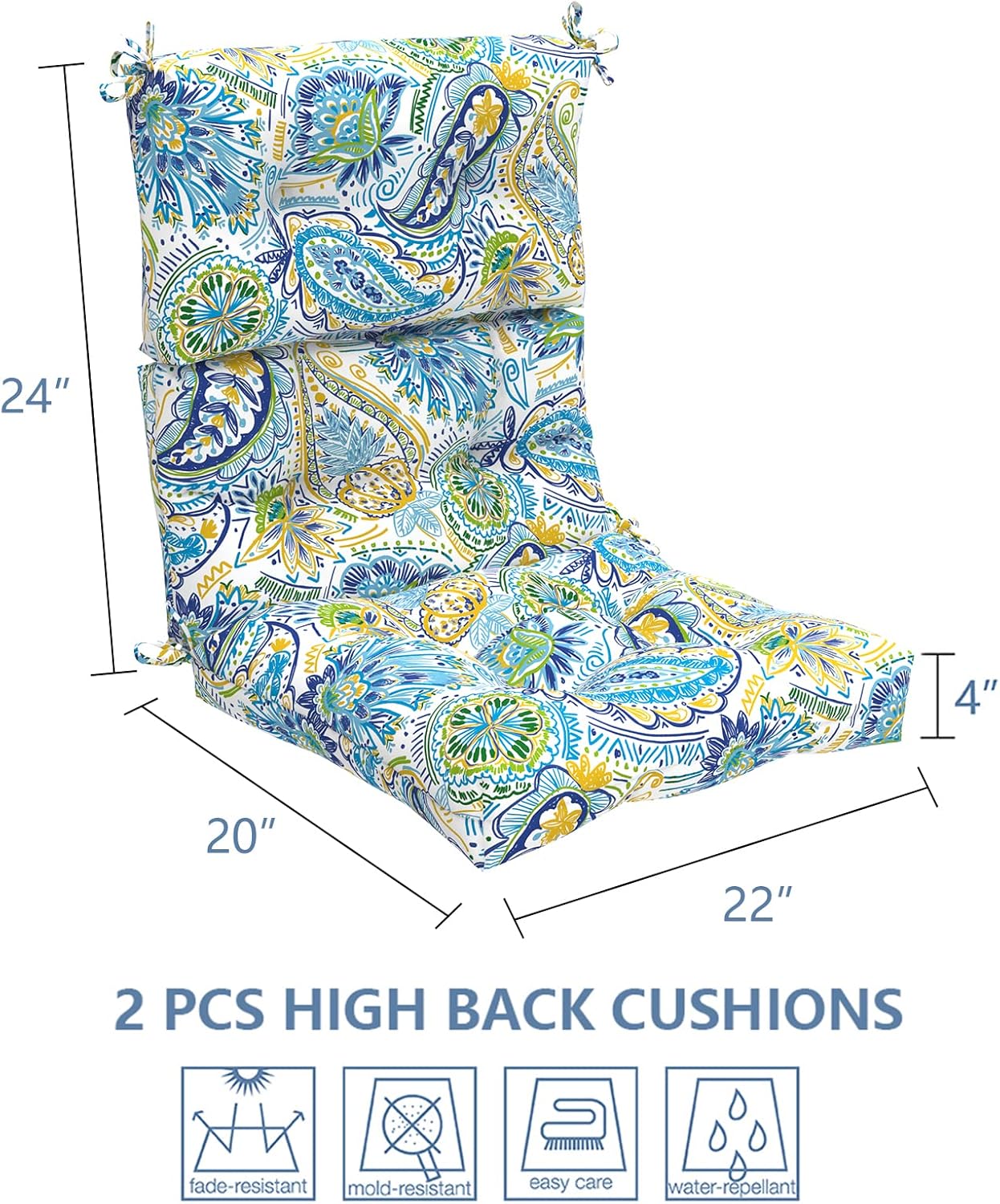 LVTXIII 2 Pack Outdoor/Indoor High Back Chair Cushions, Deep Seat Patio Seat and Back Cushion Set, Stuffed High Rebound Foam Rocking Chair Cushions, 44”x22”x4”, Paisley Blue