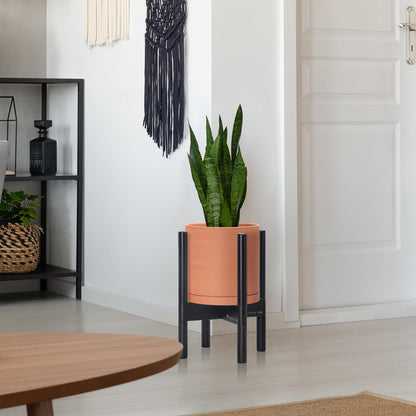 D'vine Dev Terracotta Planter with Ebony Stand - 8 Inch Modern Round Flower Pot with Wood Planter Holder, Terracotta, 55-B-M-5