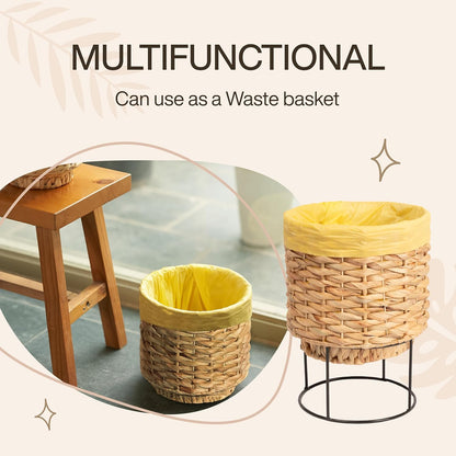 Set of 2 Water Hyacinth Planter Pot with Metal Stand - Indoor Plant, Flower, Succulent, Basket Planter, Decorative Pot Cover (Twisted)