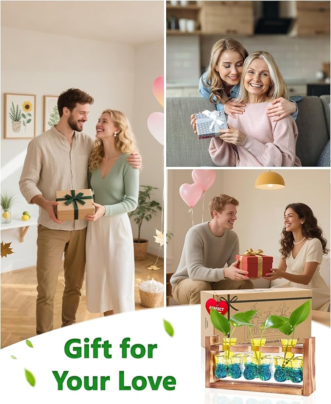 Nacome Butterfly Vase Propagation Stations: Glass Plant Terrarium with Wooden Stand for Home Office Desk Decor, Unique Gifts for Plant Lovers Women Mom (Yellow)