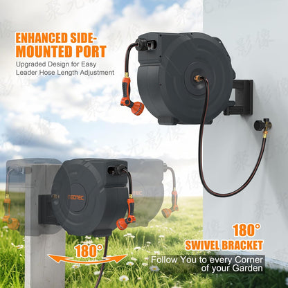 NEOTEC Retractable Garden Hose Reel 5/8 inch x 90ft - Wall Mounted Heavy Duty Hose Reel with 3/4 Inch Brass Fittings & 9-Pattern Nozzle - Auto Rewind System, Any Length Lock, 180° Swivel Bracket