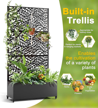 FENCY Metal Raised Garden Bed with Wheels and Trellis,73"x35"x16" Planter Box for Climbing Plants, Vegetables & Vines, Features Privacy Screen and Drainage Holes (Black-Leaf)