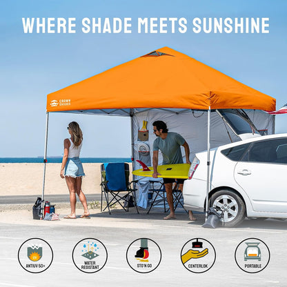 CROWN SHADES Canopy Tent, 10 x 10 Foot Portable Pop Up Outdoor Shelter with Pocket Sidewall, Push Center Lock, UV Protection, and Carry Bag, Orange