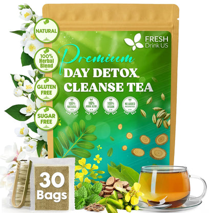 FreshDrinkUS, 30 Teabags of Herbal Day Cleanse Tea – 30 Day Program | Refreshing Mint Blend with Dandelion, Senna & Hibiscus | Naturally Supports Wellness & Light-Feeling | Caffeine-Free Herbal Tea