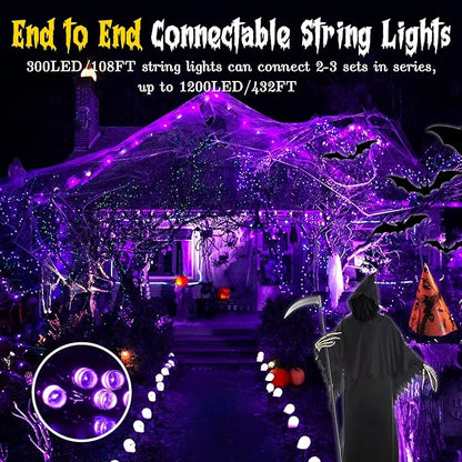 Techip Halloween Lights Purple String Lights Mini Lights Indoor Outdoor 300 LED Outdoor Party Decorations 108FT Waterproof Connectable Twinkle Fairy String Lights for Wedding Garden Tree