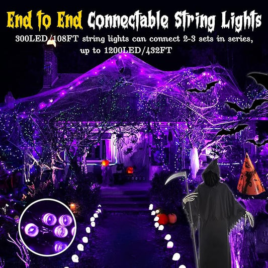 Techip Halloween Lights Purple String Lights Mini Lights Indoor Outdoor 300 LED Outdoor Party Decorations 108FT Waterproof Connectable Twinkle Fairy String Lights for Wedding Garden Tree