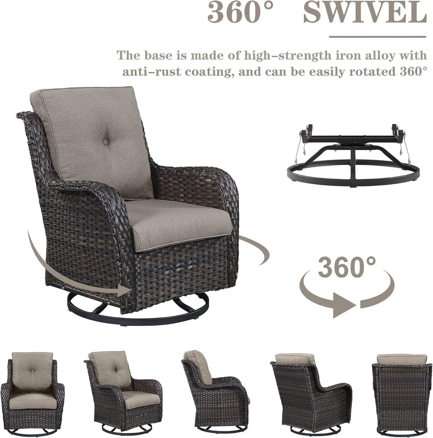 5 Piece Outdoor Patio Furniture Set - Wicker Furniture Patio Conversation Set, Outdoor Swivel Rocker Chairs with 3-Seater Sofa and 2 Ottomans for Small Space, Gray Cushion