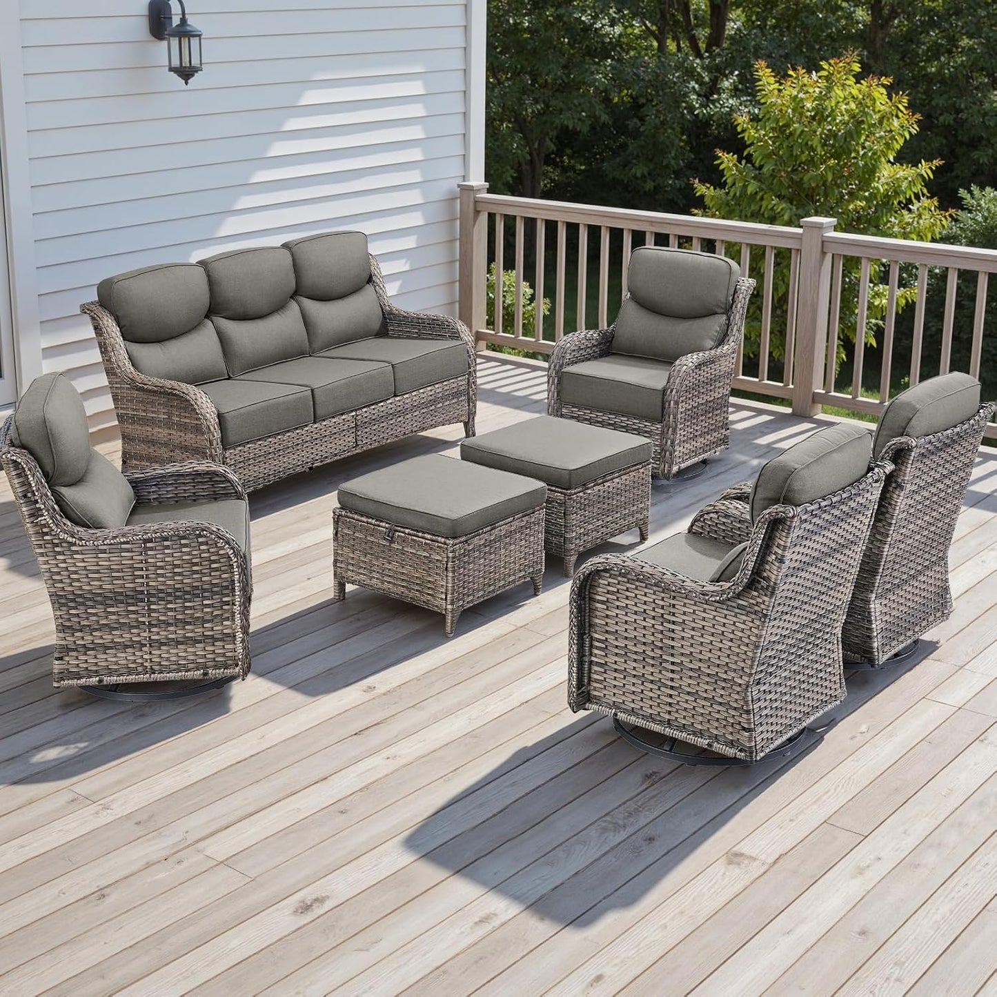 Wicker Outdoor Patio Furniture Set - 7 Piece Patio Conversation Sets with Swivel Rocker Chairs, Ottomans and Sofa, 6 inch Cushions, Waterproof Wicker, for Porch Deck Mixed Grey/Grey