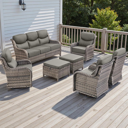 Wicker Outdoor Patio Furniture Set - 7 Piece Patio Conversation Sets with Swivel Rocker Chairs, Ottomans and Sofa, 6 inch Cushions, Waterproof Wicker, for Porch Deck Mixed Grey/Grey