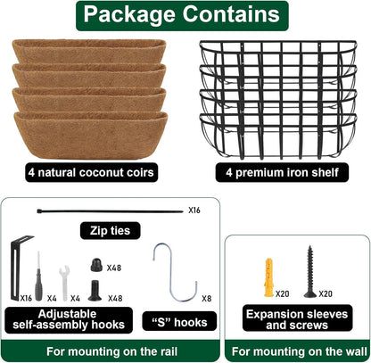 DUNCHATY Railing Planter Window Box - 4 Pack 24" Horse Trough Planter with Coco Fiber Liner - Deck Balcony Rail Planter for Porch Fence Patio Outdoor