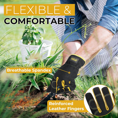 HANDLANDY Leather Work Gloves for Men & Women, Reinforced Durable Garden Gloves, Cowhide Working Glove for Gardening