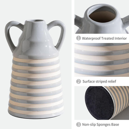 Ceramic Grey and White Checkered Stripes Vase with Handles, Hand-Painted Modern Bohemian Floral Vases Home Decor, Cottage Core Decor, Flower Vases for Bouquet Tabletop Bedroom Office Bookshelf 8.9 in
