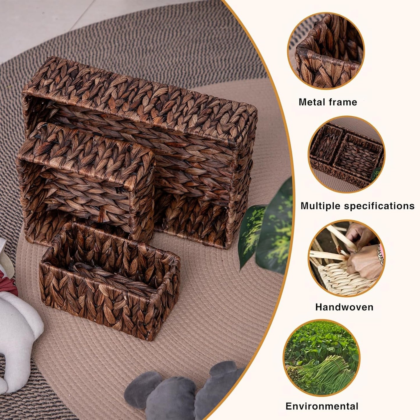 Handwoven Wicker Storage Baskets Set, Natural water hyacinth & Iron Frame | Triple Sizes (Small, Medium, Large) for Home Organizing, Bathroom, Shelves | Woven Baskets for Storage & Decor (Dark Brown)