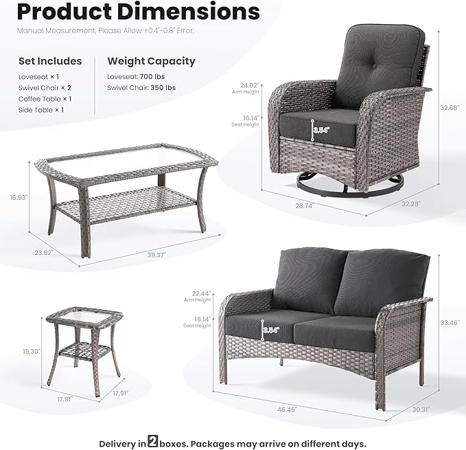 ovios 5 Pieces Patio Furniture Set, Outdoor Wicker Sofa with Swivel Chairs, Coffee Table, All Weather High Back Rattan Loveseat Couch with Comfy Cushions, Black