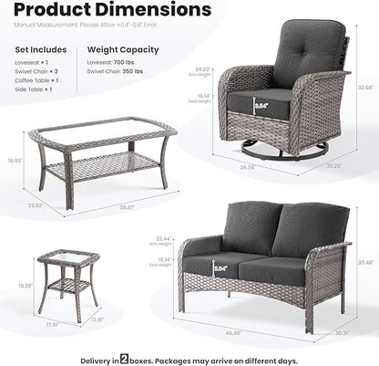 ovios 5 Pieces Patio Furniture Set, Outdoor Wicker Sofa with Swivel Chairs, Coffee Table, All Weather High Back Rattan Loveseat Couch with Comfy Cushions, Black