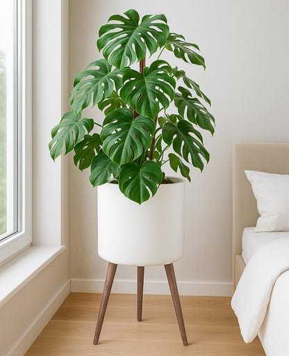 D'vine Dev 16 Inch Planter Pot with Stand, Mid-Century Tall Plant Pot with Legs for Indoor Plants, XX-Large, White, 88-O-E-1