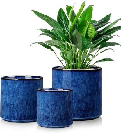 vancasso 6"+8"+10" Ceramic Pot for Plants, Large Outdoor Indoor Planter Pots with Drainage Holes, Set of 3, Blue