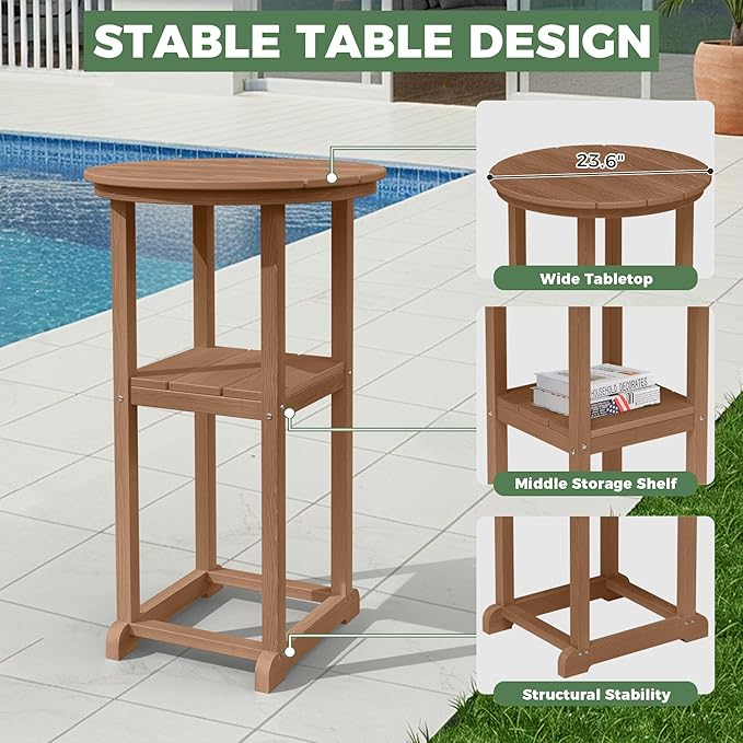 HDPE Outdoor Patio Bar Set with Bar Height Table and 2 Adirondack Chairs, All-Weather High Top Outside Round Pub Furniture for Bistro, Garden, Backyard, Deck | 3-Pieces, Teak