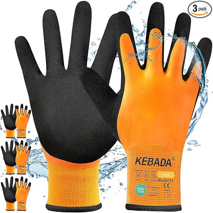 Kebada T1 3 Pairs Waterproof Winter Work Gloves for Men and Women, Warm Work Gloves for Cold Weather, Thermal Insulated Freezer Gloves, 100% Latex Coating & Super Grip, Unisex, XX-Large