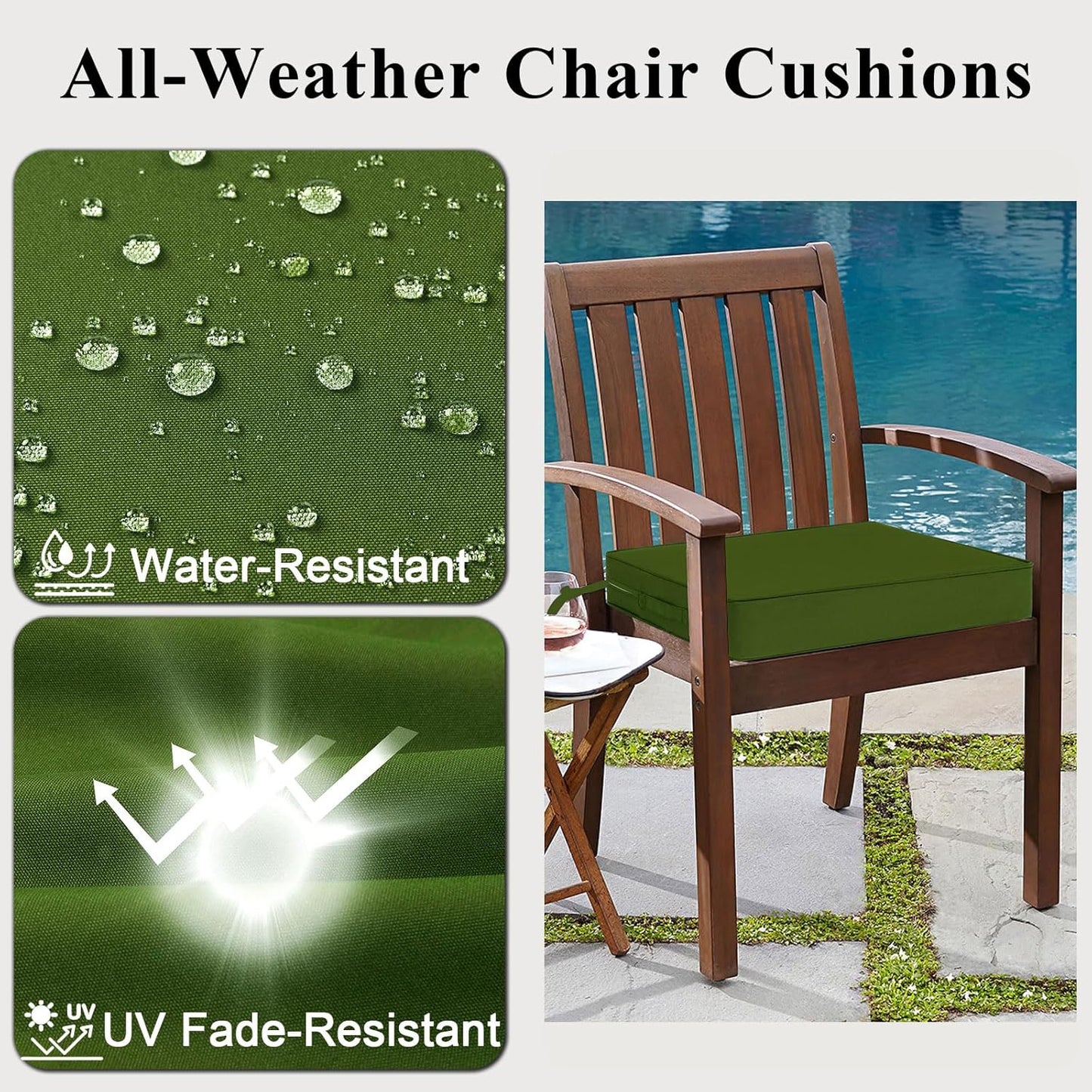 Outdoor Chair Cushions Set of 2 for Patio Furniture 22x22x4 Inch Waterproof Patio Chair Cushion 3 Year Color Fastness Square Elastic Foam Garden Couch Pads with Ties and Handle,Green