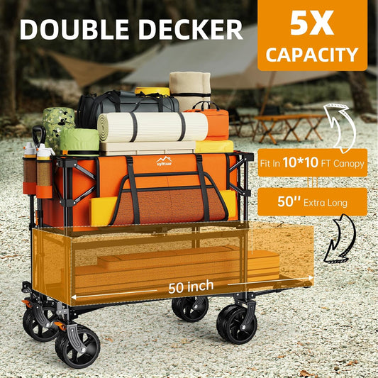 Foldable 50''L Extra Long Double Decker Wagon for Sport, 400L Collapsible Heavy Duty Wagon Cart with Big Wheels, Utility All-Terrain Large Extender Cart for Outdoors, Orange