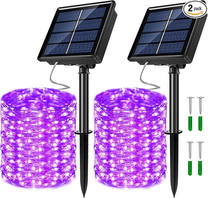 2 Pack Solar Powered Fairy String Lights Outdoor Waterproof 8 Modes Twinkle Christmas Decorations Lights, Each 33ft-100LED, 40ft-120LED, 66ft-200LED, 80ft-240LED, (Purple, 66)