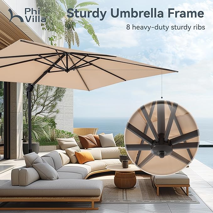 PHI VILLA 10ft Cantilever Patio Umbrella with Crank Handle, 7-Level Tilt & 360° Rotation, Aluminum Square Outdoor Offset Umbrella Windproof & Crashproof for Garden, Deck, Pool (Beige)