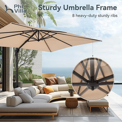 PHI VILLA 10ft Cantilever Patio Umbrella with Crank Handle, 7-Level Tilt & 360° Rotation, Aluminum Square Outdoor Offset Umbrella Windproof & Crashproof for Garden, Deck, Pool (Beige)